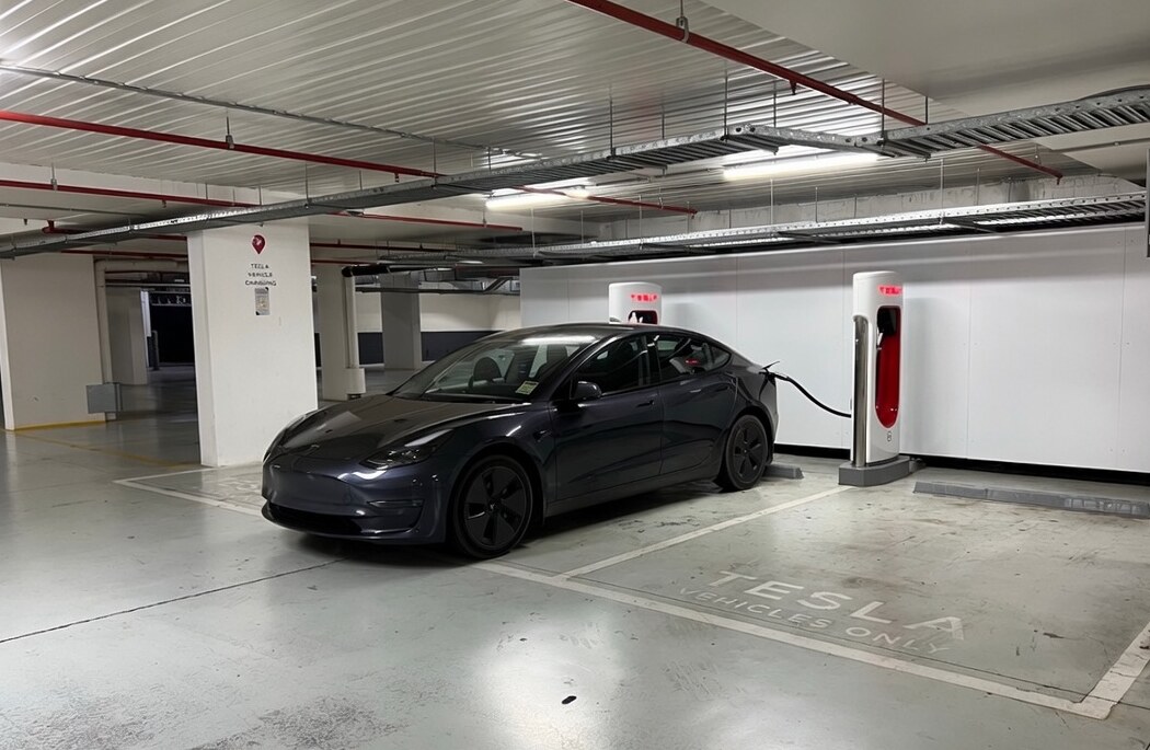 The Tesla Model 3 parked in an underground car park