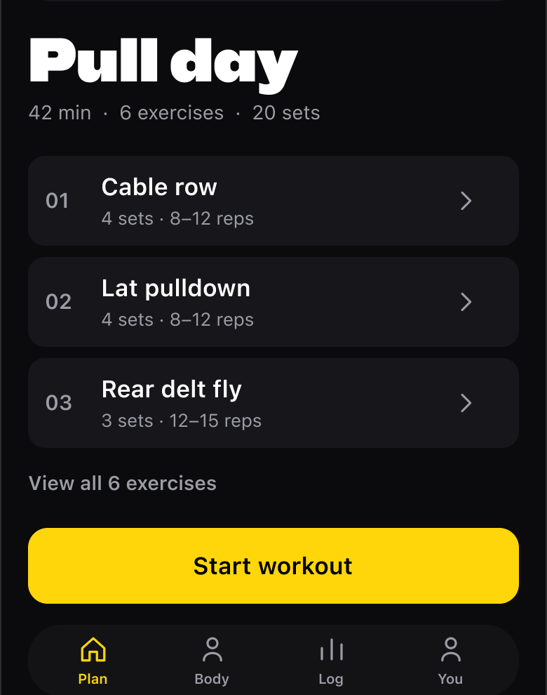 BetterFit design prototype with pull-day exercise rows and an electric-yellow Start Workout button