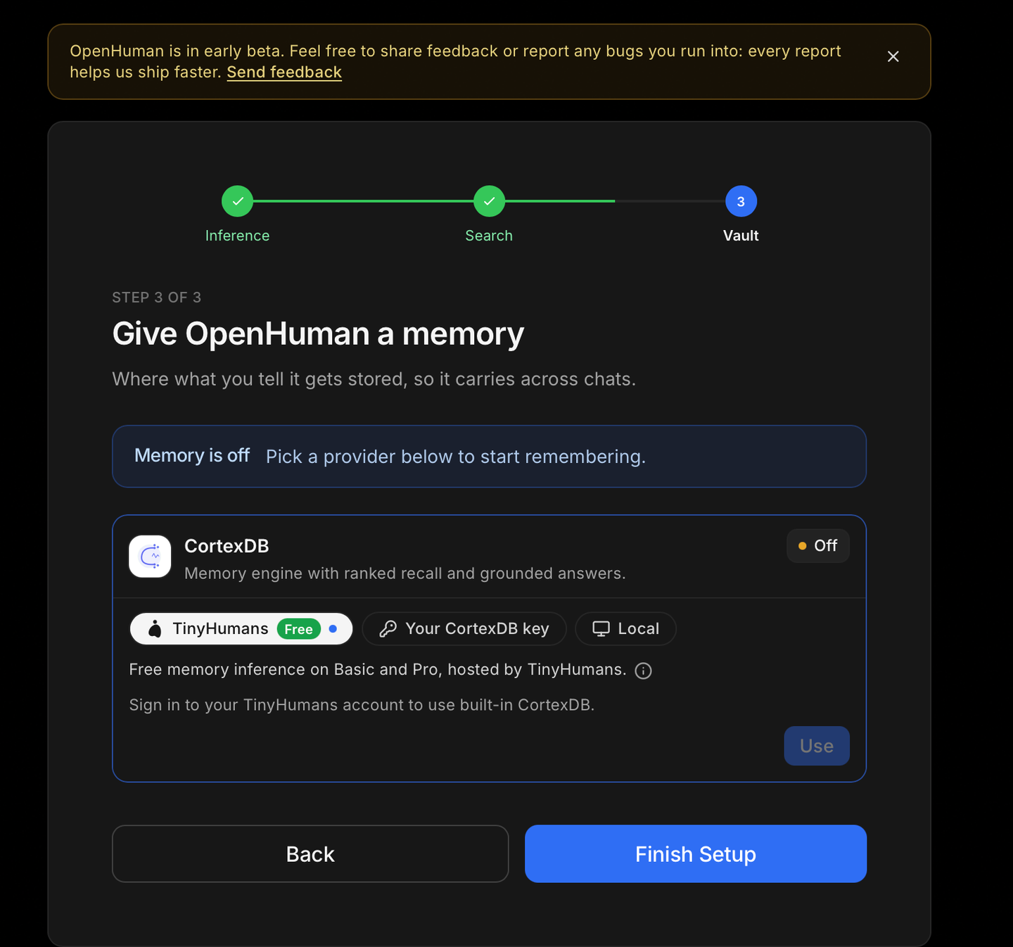OpenHuman's memory setup step offering CortexDB through a free TinyHumans-hosted instance, a bring-your-own CortexDB key, or local storage