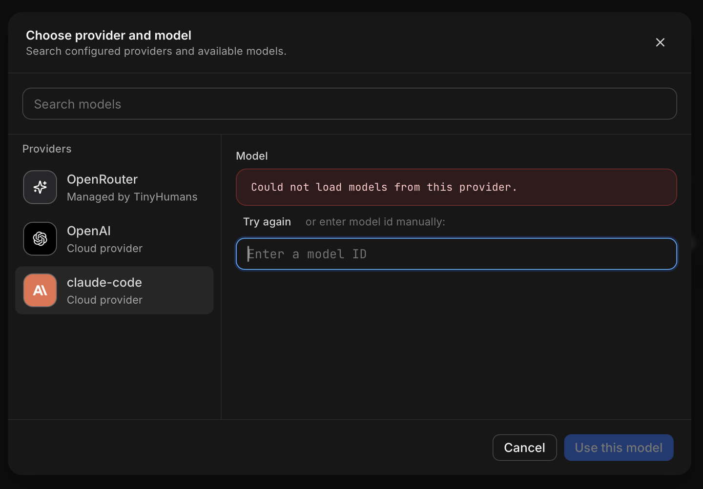 OpenHuman's provider picker with the claude-code provider selected and a "Could not load models from this provider" error