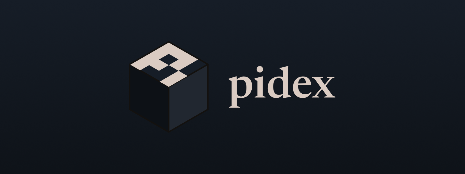 Pidex's Pi cube mark beside its Newsreader wordmark on a dark background