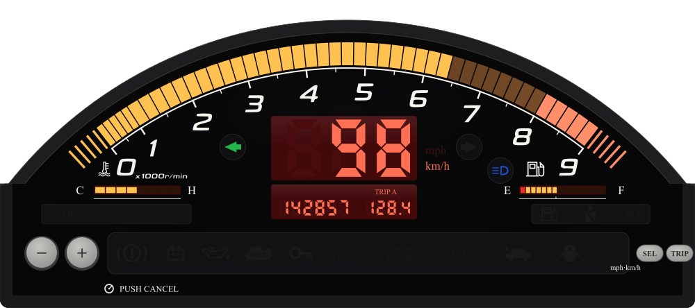 Rendered AP1 dash preview with squared tach numerals, separated overrun strokes, amber cells and a red simulated speed readout