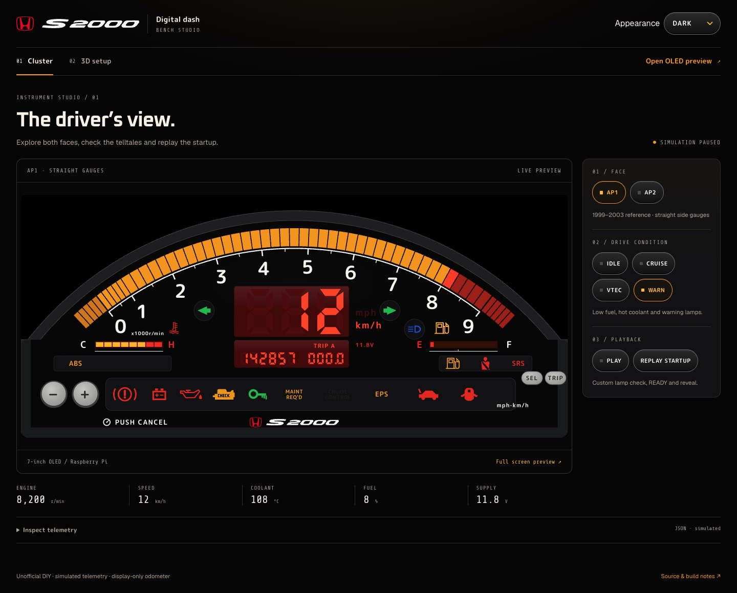 Simulated AP1 cluster in the S2000 bench studio, with warning scenarios and playback controls