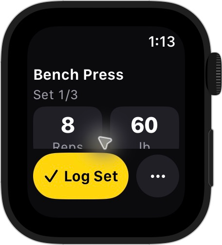 BetterFit watch simulator prototype showing Bench Press, bundled targets of eight reps and sixty pounds, and a pinned yellow Log Set button
